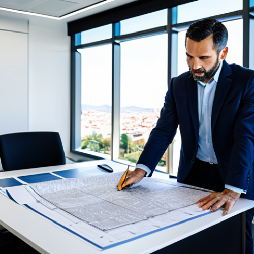 Home 19 **Prompt:** A professional real estate investor in appropriate business attire, examining blueprints in a bright, modern office overlooking Madrid, Spain. Safe for work, fully clothed, perfect anatomy, natural pose, professional setting, appropriate content, high quality.