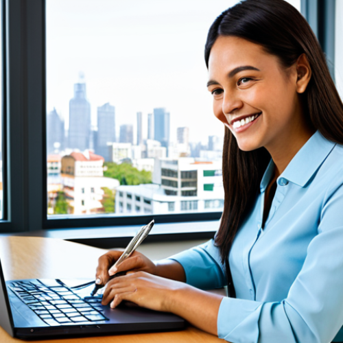 Home 12 Young Professional Planning Finances**
Prompt: "A young professional woman in her late 20s, wearing a modest blouse and skirt, sitting at a desk with a laptop displaying a financial chart. She is smiling slightly and holding a pen. The background is a bright, modern apartment with a view of a city skyline. Focus on the concept of financial planning and a bright future. Safe for work, appropriate content, fully clothed, professional. Perfect anatomy, correct proportions, natural pose, well-formed hands, proper finger count, natural body proportions, high quality."
**