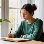 시간 가치 정렬의 지속 가능한 접근법 - A thoughtful woman in her early 30s, with a gentle, determined expression, sits at a simple wooden d...