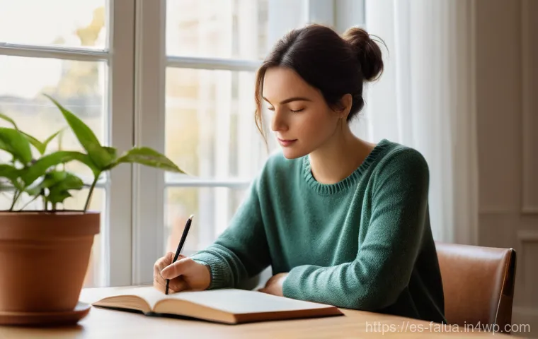 시간 가치 정렬의 지속 가능한 접근법 - A thoughtful woman in her early 30s, with a gentle, determined expression, sits at a simple wooden d...