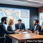 시간 가치 분석을 통한 글로벌 투자 전략 - A detailed financial advisor’s modern office scene showing a diverse group of Spanish investors disc...