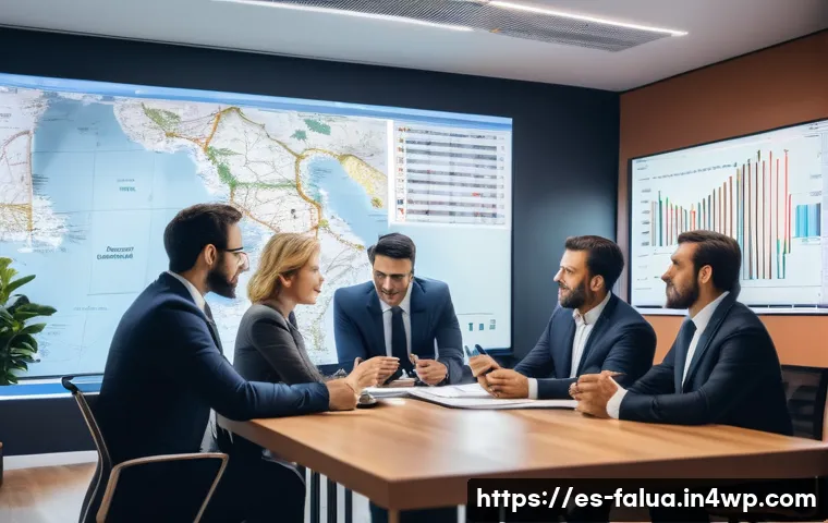 시간 가치 분석을 통한 글로벌 투자 전략 - A detailed financial advisor’s modern office scene showing a diverse group of Spanish investors disc...