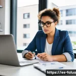 Home 22 시간 가치 정렬을 위한 단계별 가이드 - A focused young professional woman in her 30s sitting at a neat desk in a modern home office, surrou...