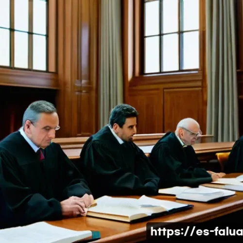 Home 33 시간 가치 정렬의 법적 측면 - A detailed courtroom scene in a modern Spanish judicial setting, showing a judge attentively reviewi...