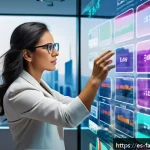 Home 18 시간 가치 분석을 통한 리스크 관리 - A professional Latin American businesswoman analyzing complex financial graphs on a large transparen...